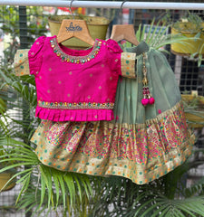 Pink & Olive Green Embroidered Lehenga Choli Set – Girls (1–4 Years)