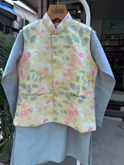 Pastel Yellow Floral Jacket Kurta Set for Boys (5–7 Years) | Soft Cotton-Lined Ethnic Outfit