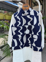 Boys Navy & Ivory Abstract Print Jacket Kurta Set with Cotton Lining – Premium Festive Wear (5–7 Years)