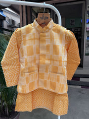 Boys Orange Ikat Jacket & Kurta with White Pajama | Summer Festive Wear Set (5–7 Years) – With Cotton Lining