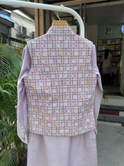 Boys Lilac Kurta Set with Textured Grid Brocade Nehru Jacket – Festive & Wedding Outfit with Cotton Lining (Age 5 to 7 Years)
