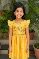 Sunshine Yellow Embroidered chanderi silk Cotton Dress for Girls (1–12 Years)