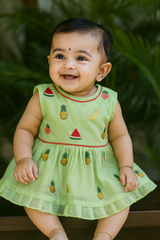 Fruit Embroidered Chanderi Silk Baby Dress – Green (0–12 Months)