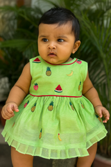 Fruit Embroidered Chanderi Silk Baby Dress – Green (0–12 Months)