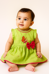 Butterfly Embroidered Green Cotton Dress with Bow – For Baby Girls (0–12 Months)