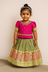 Pink & Olive Green Embroidered Lehenga Choli Set – Girls (1–4 Years)