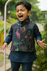 Enchanted Forest Boys Kurta Pajama with Animal & Floral Embroidery Jacket | Navy Kids Ethnic Wear for Weddings, Festive & Party Wear (6M – 7Y)