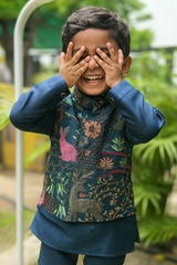 Enchanted Forest Boys Kurta Pajama with Animal & Floral Embroidery Jacket | Navy Kids Ethnic Wear for Weddings, Festive & Party Wear (6M – 7Y)