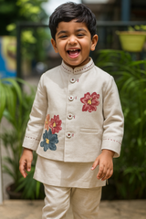 Bloom Burst Boys Kurta Pajama Set with Floral Embroidered Jacket | Beige Kids Ethnic Outfit for Weddings, Birthdays & Festivals (6M – 7Y)