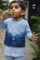 Blue Horizon Boys Kurta Pajama Set with Ombré Mountain Print Jacket | Stylish Kids Wedding & Festive Party Wear Outfit (6M – 7Y)