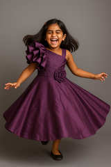 Plum One-Shoulder Party Gown with Dramatic Ruffle Sleeve & Rose Waist Accent – Elegant Full-Length Dress for Girls Age 3 to 10 Years – Birthday, Wedding & Festive Wear