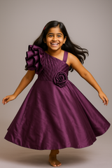 Plum One-Shoulder Party Gown with Dramatic Ruffle Sleeve & Rose Waist Accent – Elegant Full-Length Dress for Girls Age 3 to 10 Years – Birthday, Wedding & Festive Wear