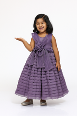 “Lavender Layered Ruffle Full-Length Party Gown with 3D Flower Bow – Elegant Sleeveless Dress for Girls Age 3 to 10 Years – Birthday, Wedding & Festive Wear”