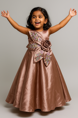 Bronze Satin Full-Length Party Gown with Oversized Floral Bow, 3D Rose Waist Accent & Hand Embroidered Details – Designer Dress for Girls Age 3 to 10 Years – Birthday, Wedding & Festive Wear