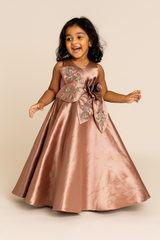 Bronze Satin Full-Length Party Gown with Oversized Floral Bow, 3D Rose Waist Accent & Hand Embroidered Details – Designer Dress for Girls Age 3 to 10 Years – Birthday, Wedding & Festive Wear