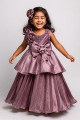 Lavender Layered Full-Length Party Gown with Oversized Bow, 3D Rose Shoulder Embellishments & Pleated Skirt – Designer Dress for Girls Age 3 to 10 Years – Birthday, Wedding & Festive Wear