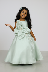 Pastel Green Satin Full-Length Party Gown with Oversized 3D Flower Bow & Pearl Embellishment – Elegant Sleeveless Dress for Girls Age 3 to 10 Years – Birthday, Wedding & Festive Wear