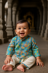 Regal Peacock Blue Baby Boys Kurta Set with Ivory Dhoti | Handwoven Festive Outfit for 6 Months – 2 Years