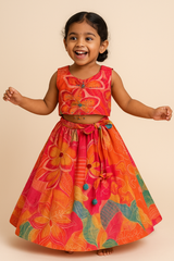 Sunset Bloom Floral Modal Silk Lehenga Set for Girls (Age 1–6 Years) – Ultra Soft & Lightweight Festive Wear