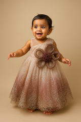 Champagne & Maroon Glitter Ombre Birthday Gown with Oversized 3D Floral Bow – Elegant Princess Dress for Girls (Perfect for 1st, 2nd & 3rd Birthdays)