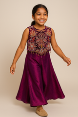 Plum Purple Embroidered Crop Top with Flowing Palazzo Pants – Festive & Party Wear Set for Girls (Age 5 – 16 Years)