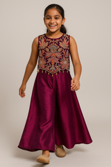Plum Purple Embroidered Crop Top with Flowing Palazzo Pants – Festive & Party Wear Set for Girls (Age 5 – 16 Years)