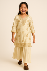 Girls Cream & Gold Embroidered Kurta with Palazzo – Elegant Festive & Party Wear Set (Age 5 to 12 Years)