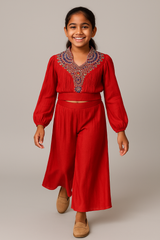 Girls Vibrant Orange Palazzo Set with Heavily Embroidered Yoke & Flowing Skirt – Elegant Festive & Party Wear Outfit (Age 5 to 16 Years)