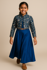 Girls Royal Blue Palazzo Set with Floral Embroidered Jacket & Bead Tassel Detailing – Stylish Festive & Party Wear Outfit (Age 5 to 16 Years)