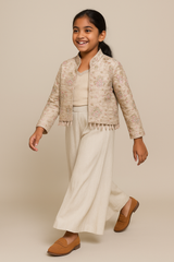 Girls Elegant Beige Palazzo Set with Embroidered Jacket & Bead Tassel Detailing – Festive, Wedding & Party Wear Outfit (Age 5 to 16 Years)