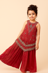 Girls Ruby Bloom  Red Palazzo Set with Intricate Embroidery & Pleated Detailing – Elegant Festive & Wedding Party Wear Outfit (Age 1 to 7 Years)