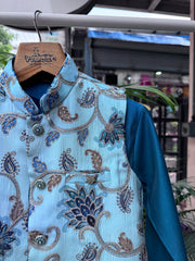 Boys Teal Blue Kurta Set with Light Blue Paisley Nehru Jacket – Stylish Festive & Party Wear (Age 5 to 7 Years)