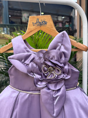 Lavender Satin Party Frock with 3D Oversized Floral Bow Motif (1–4 Years)