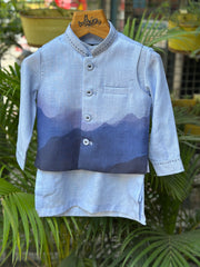 Blue Horizon Boys Kurta Pajama Set with Ombré Mountain Print Jacket | Stylish Kids Wedding & Festive Party Wear Outfit (6M – 7Y)