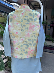 Pastel Yellow Floral Jacket Kurta Set for Boys (5–7 Years) | Soft Cotton-Lined Ethnic Outfit