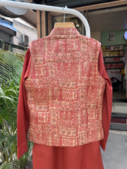 Boys Terracotta Kurta Set with Beige Brocade Nehru Jacket – Elegant Festive & Wedding Outfit (Age 5 to 7 Years)
