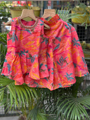 Coral Pink & Teal Floral Palazzo/gharara/sharara  Set – For Baby Girls (6Month to 4years)