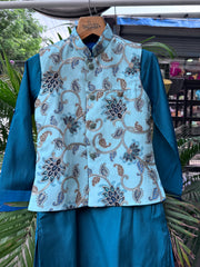 Boys Teal Blue Kurta Set with Light Blue Paisley Nehru Jacket – Stylish Festive & Party Wear (Age 5 to 7 Years)