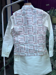 Cream Boys Jacket Kurta Set with Multicolour Leaf Embroidered Nehru Jacket | Cotton Lining | Ages 5–7 Years
