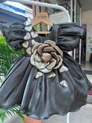 Black Puff-Sleeve Party Frock with 3D Metallic Rose & Heart Appliqué (1–4 Years)