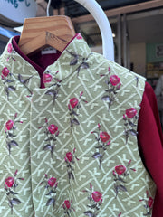 Boys Olive Floral Nehru Jacket with Maroon Kurta Pajama | Royal Festive & Wedding Outfit (5–7 Years) – With Cotton Lining