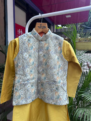 Boys Mustard Kurta Set With Pastel Floral Embroidered Jacket – Cotton-Lined Premium Festive Wear (Age 5–7 Years)