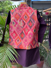 Boys Purple Kurta Set with Multicolor Ikat Print Nehru Jacket – Vibrant Festive & Party Wear (Age 5 to 7 Years)