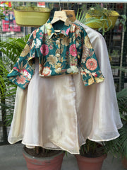 Floral Brocade Shirt with Beige Flared Palazzo for Girls – Indo-Western Festive Outfit | 4 to 18 Years