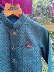 Boys Teal Blue Kurta Set with Brocade Nehru Jacket – Classic Festive & Wedding Wear with Cotton Lining (Age 1 to 7 Years)