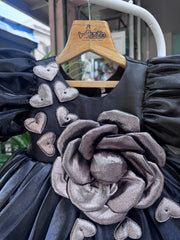 Black Puff-Sleeve Party Frock with 3D Metallic Rose & Heart Appliqué (1–4 Years)