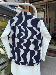 Boys Navy & Ivory Abstract Print Jacket Kurta Set with Cotton Lining – Premium Festive Wear (5–7 Years)