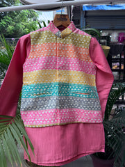 Boys Multicolor Festival Jacket & Pink Kurta Pajama Set | Vibrant Ethnic Wear for Celebrations (5–7 Years) – With Cotton Lining
