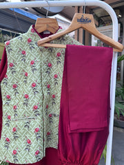 Boys Olive Floral Nehru Jacket with Maroon Kurta Pajama | Royal Festive & Wedding Outfit (5–7 Years) – With Cotton Lining