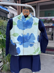 Boys Navy Blue Kurta Set with Ivory Blue Floral Nehru Jacket – Premium Festive Outfit with Cotton Lining (Age 5 to 7 Years)
